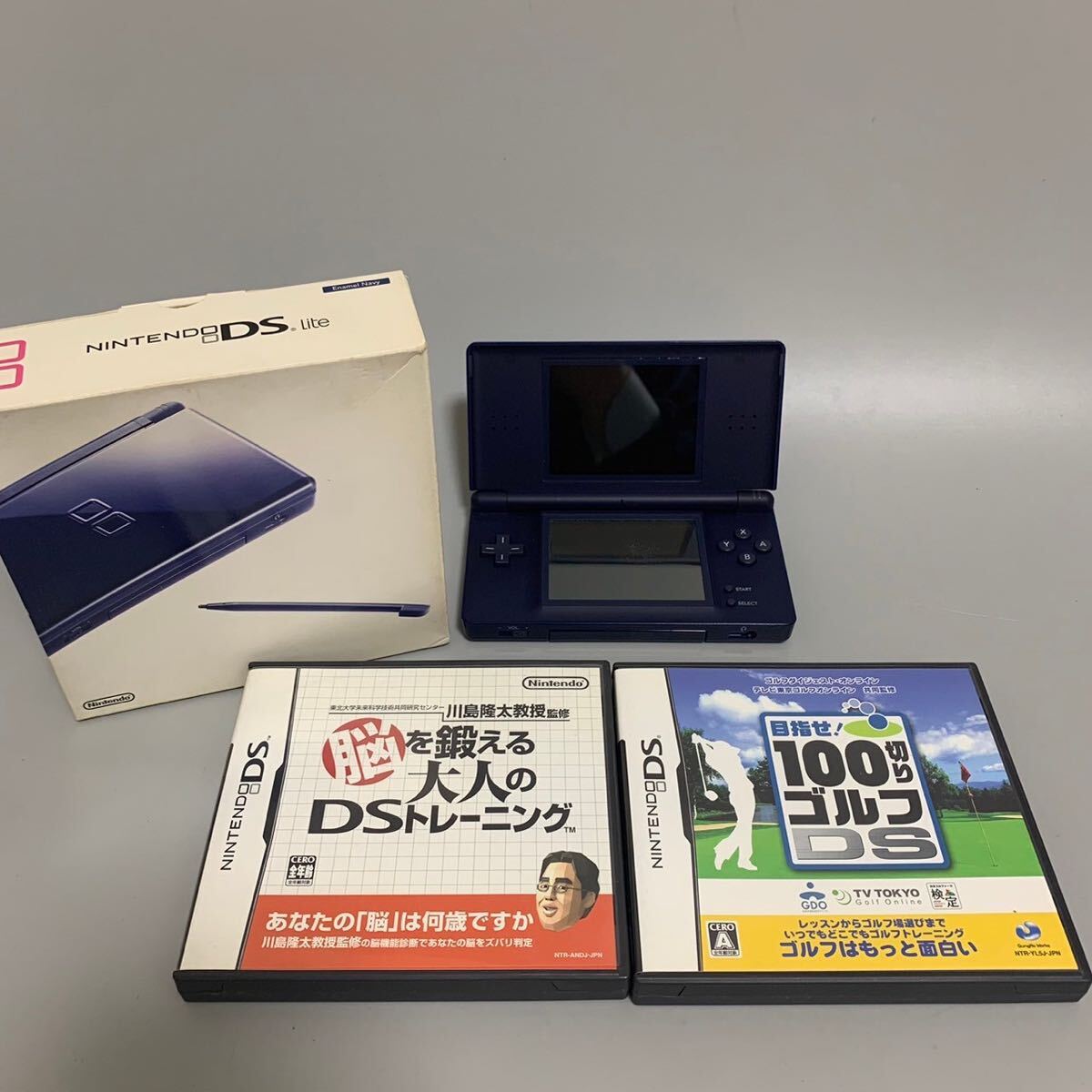 1円 美品 Nintendo DS Lite エナメルネイビー ニンテンドー 任天堂 本体 ソフト2本 計3点セット_画像1