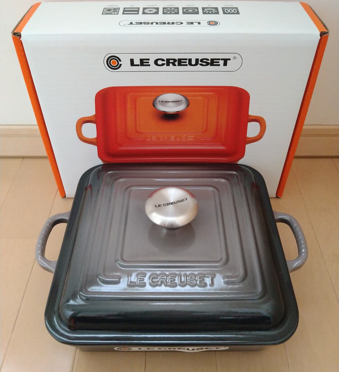 未使用 ル・クルーゼ シグニチャー ココット・スクエア 24cm フリント LE CREUSET ホーロー鍋 グレー モノトーン_画像1