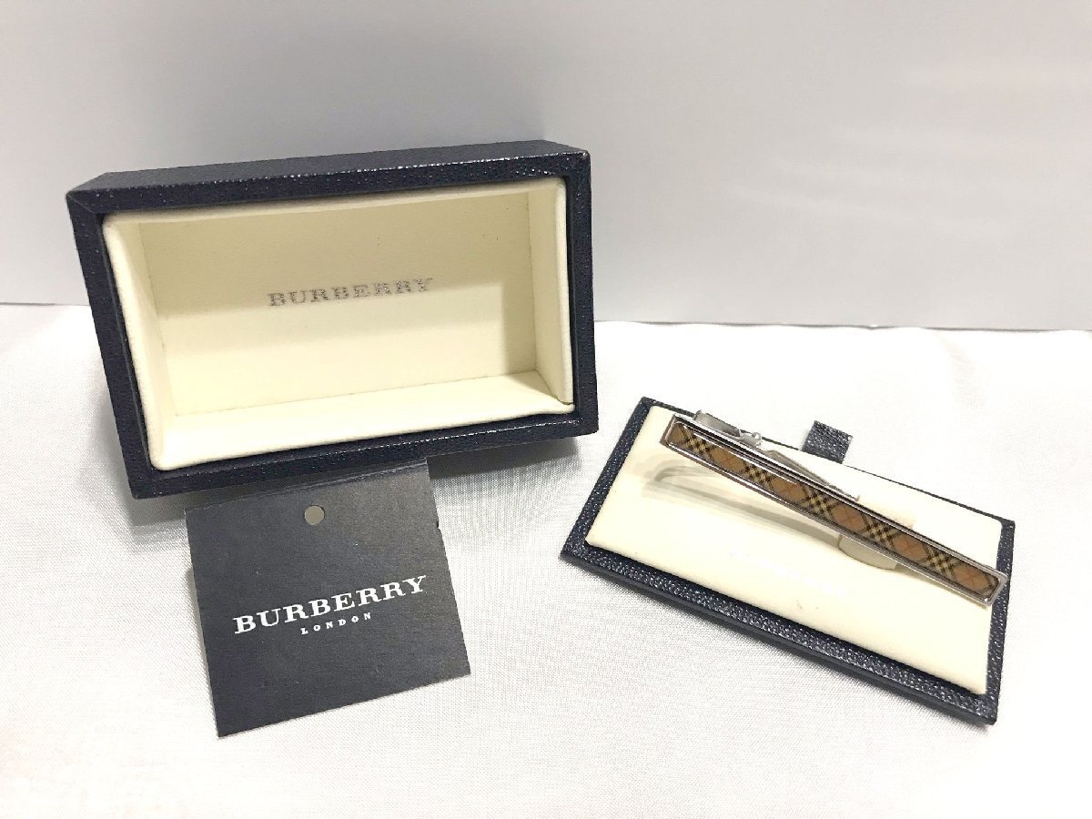 ■【YS-1】 美品 ■ バーバリー Burberry タイピン ■ チェック柄 ブラウン系 × シルバー系 全長6cm ■ 元箱有 【同梱可能商品】■D_未使用に近い美品です