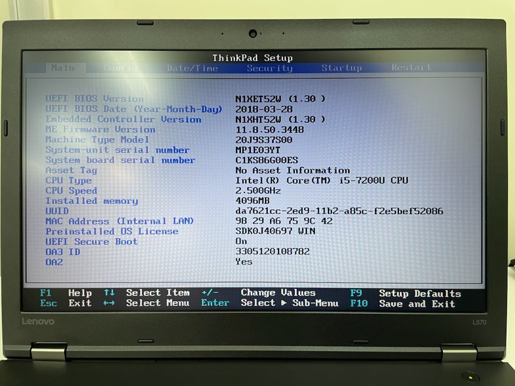 【UEFI起動確認済み／中古】ThinkPad L570 【20J9-S37S00】 (Core i5-7200U, RAM4GB, HDD無し[OS無し]) ★本体＋ACアダプタ ⑤の画像4