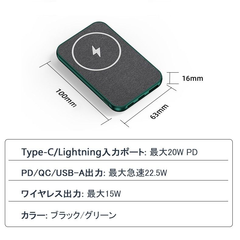 Magsafe対応　モバイルバッテリー ワイヤレス 磁気 薄型 コンパクト 急速ワイヤレス15W　PD22.5W　10000mAh