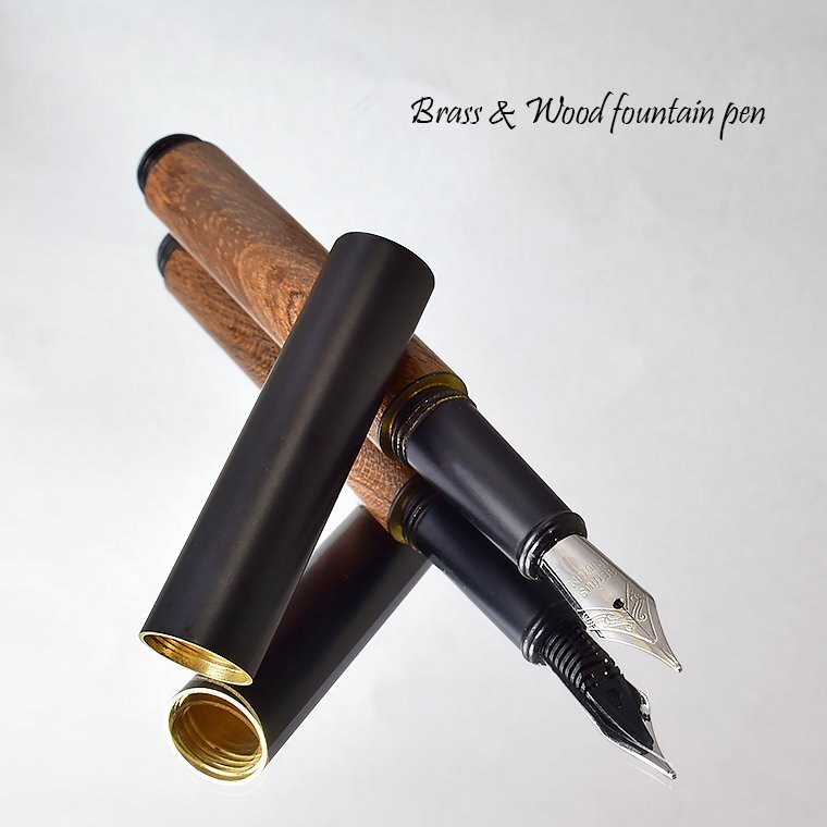 **[MONTEMOUNT] brass × wood fountain pen black cap × Brown natural tree axis nib silver color M middle character made of metal compact new goods 1 jpy ~/K315BWSV