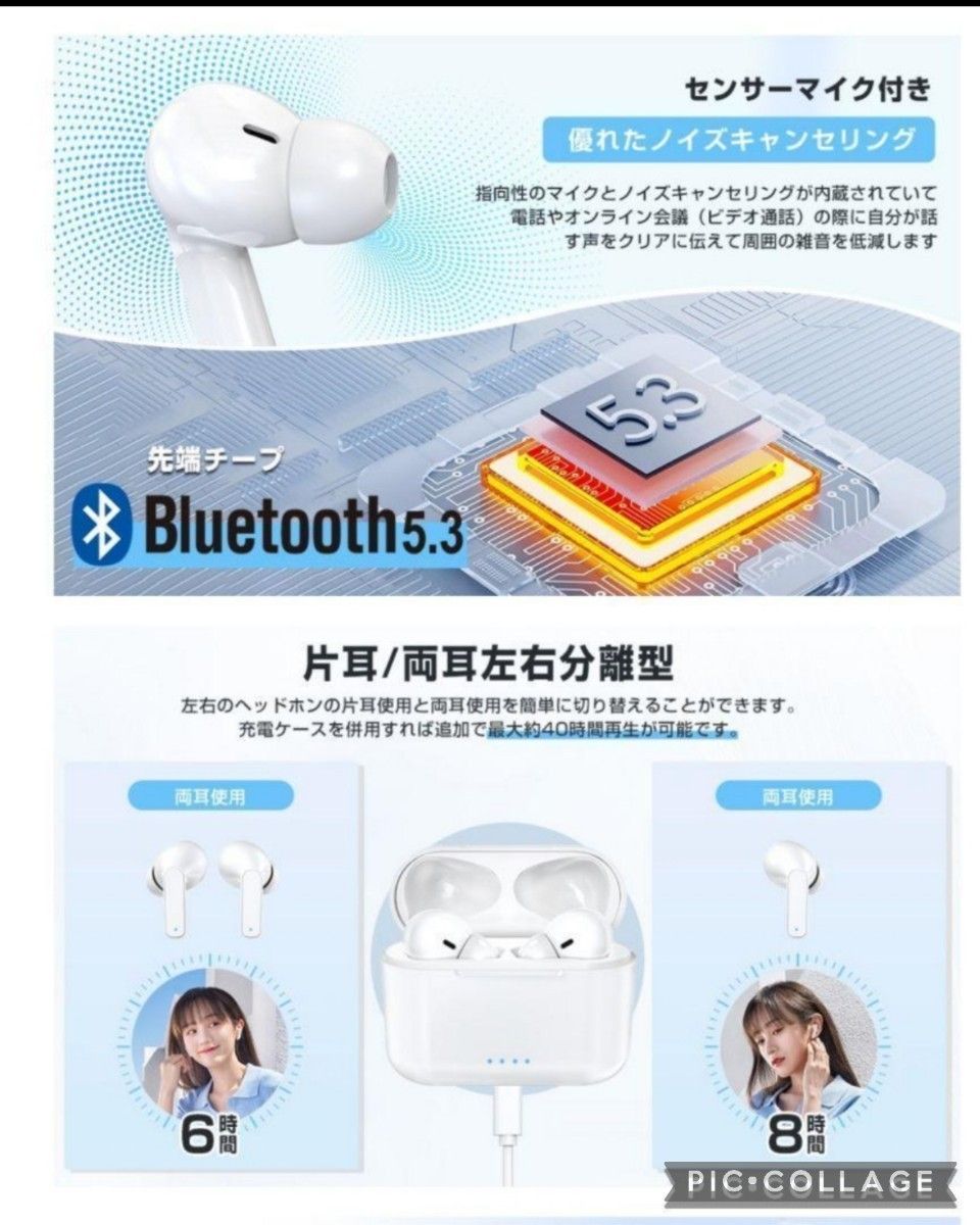 新設計Bluetooth5.3ENCワイヤレスイヤホンHi-Fi CVC8.0　ブルートゥース　自動ペアリング　ホワイト