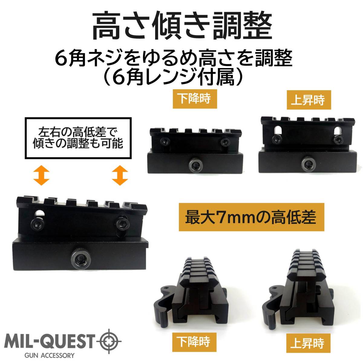 ハイマウントベース 高さ傾き調整可能 5スロット 金属製 20mmレール対応 QDレバー MILQUEST ミルクエスト エアガン ゼロイン ハイマウント