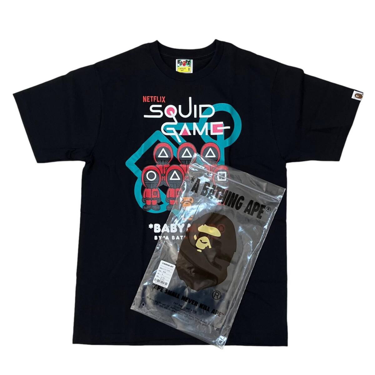 ○ 送料無料 新品 未使用 タグ付き BAPE X SQUID GAME APE HEAD TEE COLOR: BLACK Tシャツ 半袖 黒系 コットン100％ メンズ M 保存袋付きの画像1