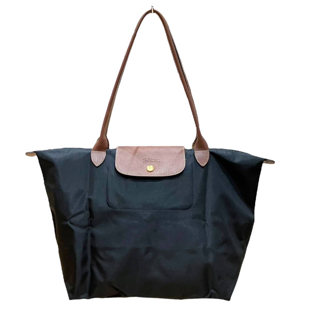 Longchamp Long Champ rup rear -ju nylon × leather folding handbag black group 