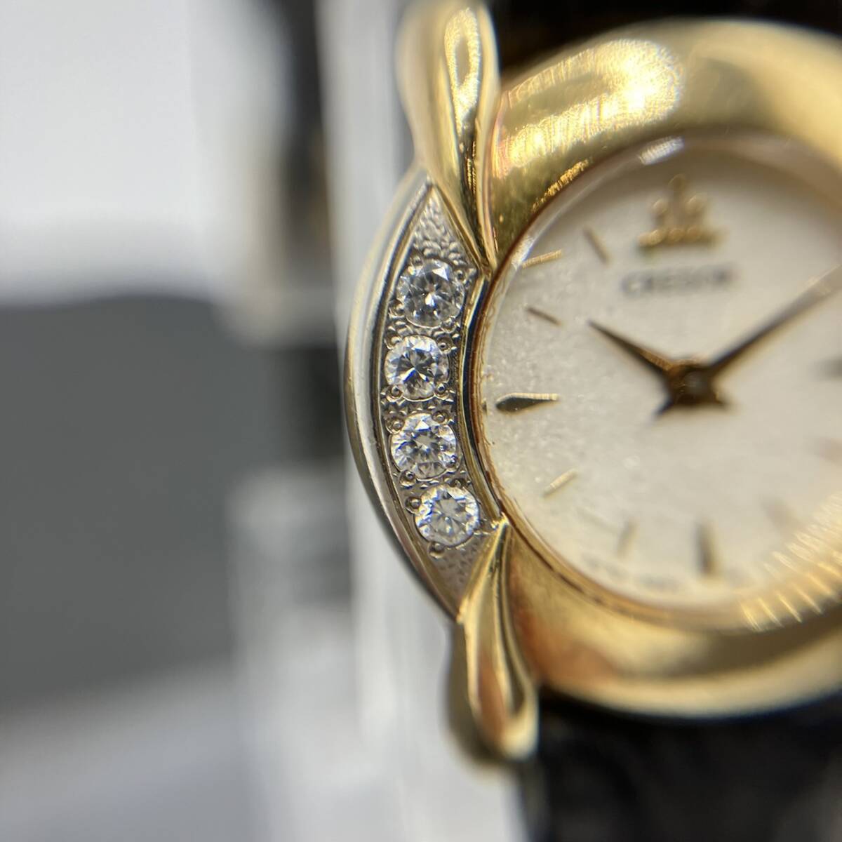 SEIKO セイコー クレドール 18KT ダイヤベゼル 社外ベルト 1E70-0A40 レディース腕時計 クォーツ不動品_画像5