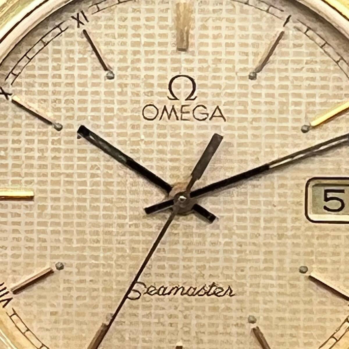 オメガ シーマスター メンズ腕時計 ラウンド ゴールド文字盤 クオーツ デイト 稼働品_画像8