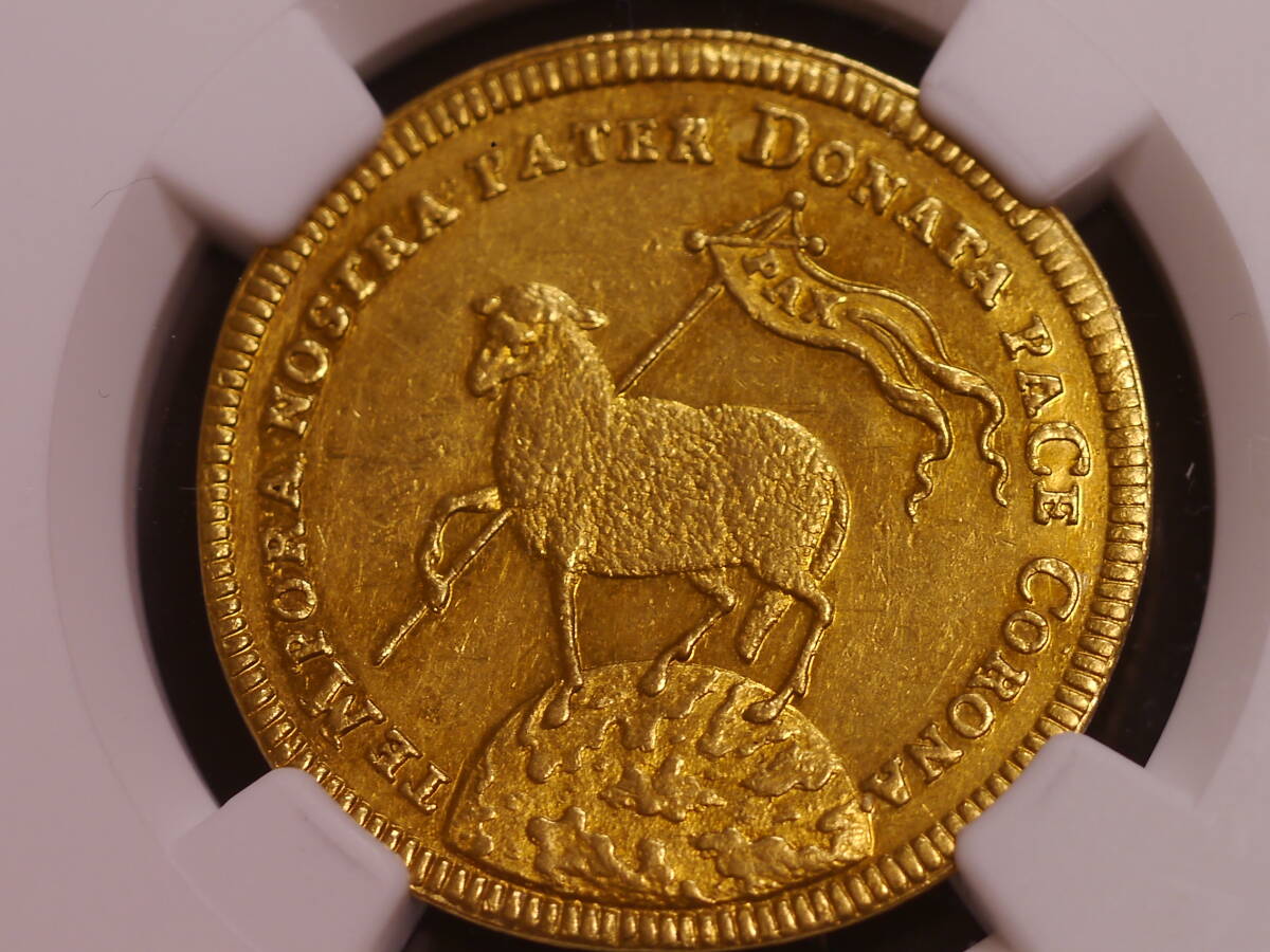 ドイツ・ニュルンベルク　２ダカット金貨　1700年　地球に乗る平和の羊　NGC AU58（極美品以上）_画像5
