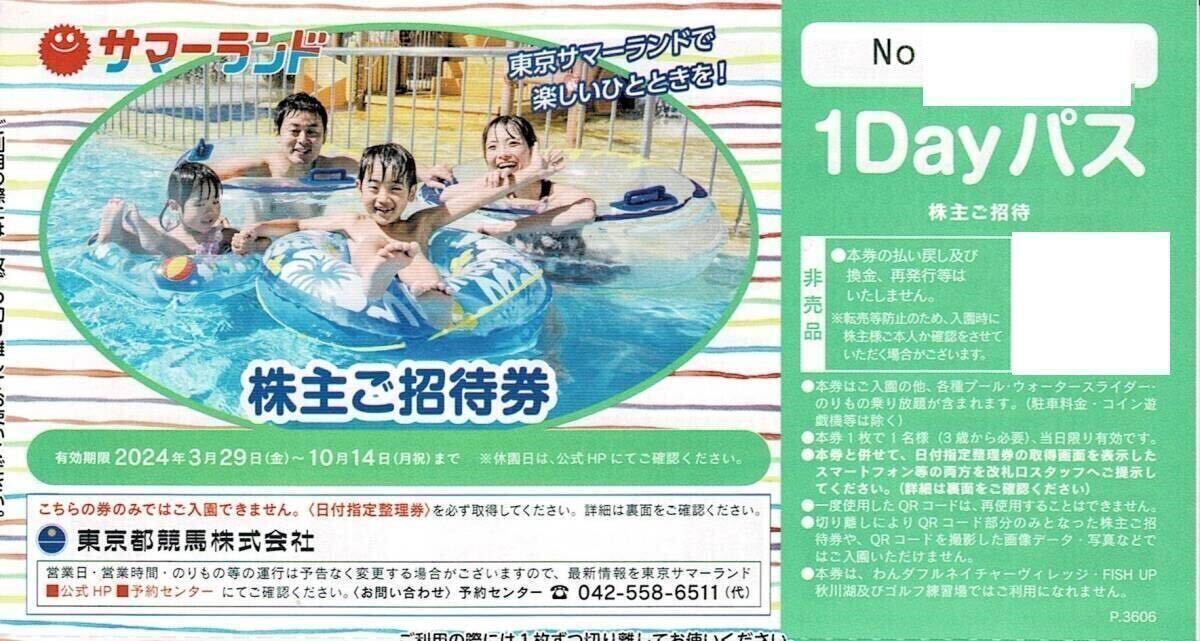 [ free shipping anonymity shipping ]2024 year 10 month 14 to day *3 sheets summer period . use is possible to do * Tokyo summer Land stockholder invitation ticket 1Day Pas summer Land Tokyo Metropolitan area horse racing 