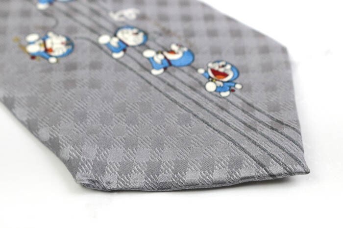 ドラえもん シルク キャラクター柄 チェック柄 格子柄 日本製 ブランド ネクタイ メンズ グレー Doraemon_画像6