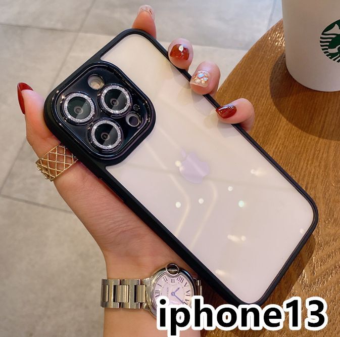 iphone13ケース カーバー レンズ保護付き　透明　お洒落　韓国　軽量 ケース 耐衝撃 高品質 ブラック364_画像1