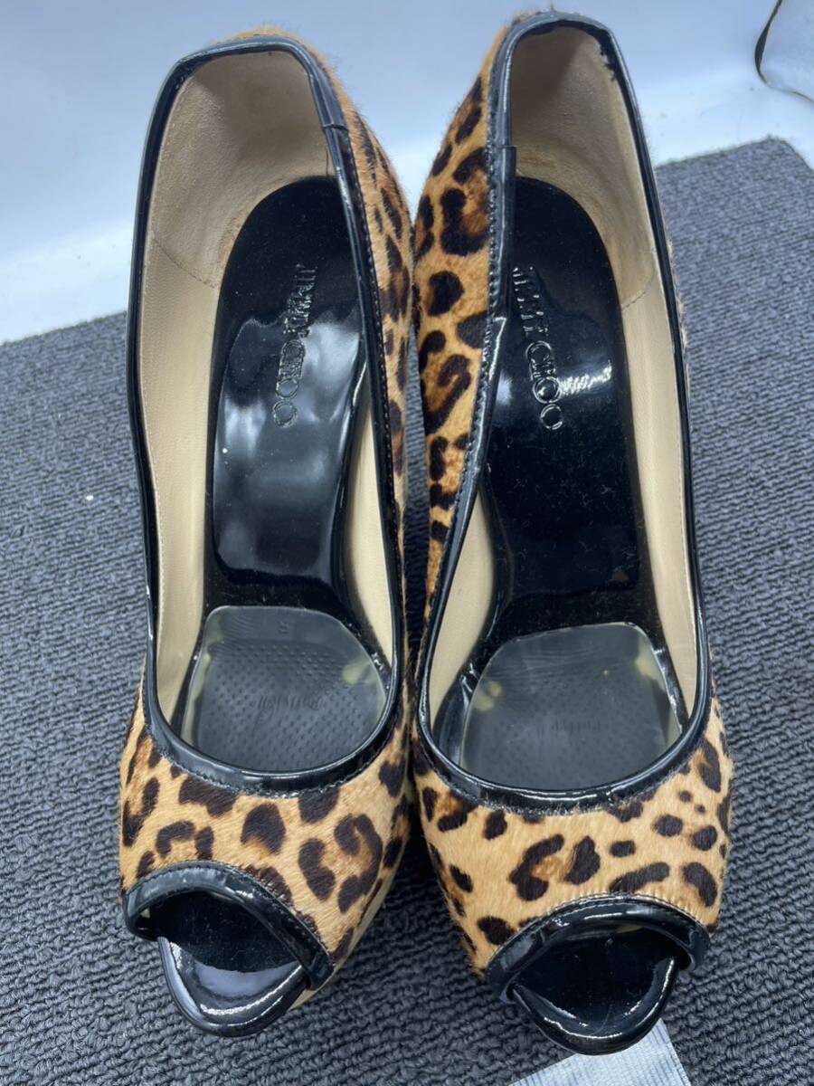 JIMMY CHOO レディース 37.5 サイズ シューズ 靴 パンプス ロゴ入り スペイン製 ヒール サンダル 厚底 ウェッジソール 豹柄 ブランド u3679の画像2