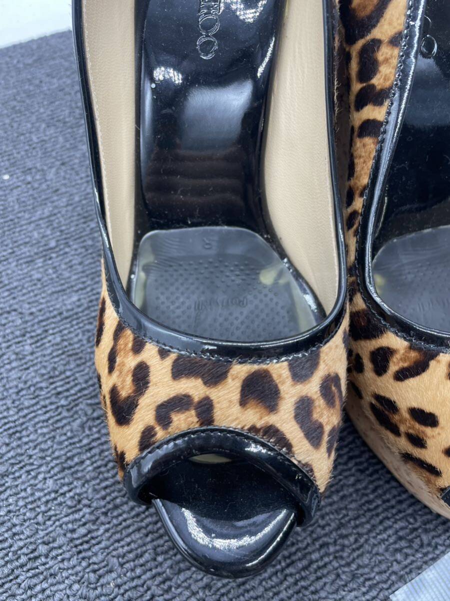JIMMY CHOO レディース 37.5 サイズ シューズ 靴 パンプス ロゴ入り スペイン製 ヒール サンダル 厚底 ウェッジソール 豹柄 ブランド u3679の画像4