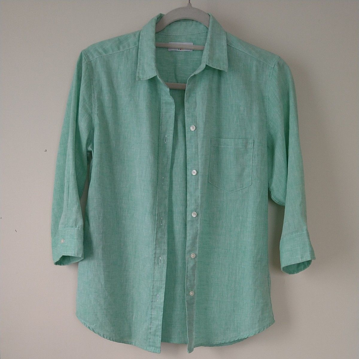 麻 綿 シャツ 薄グリーン 7分袖