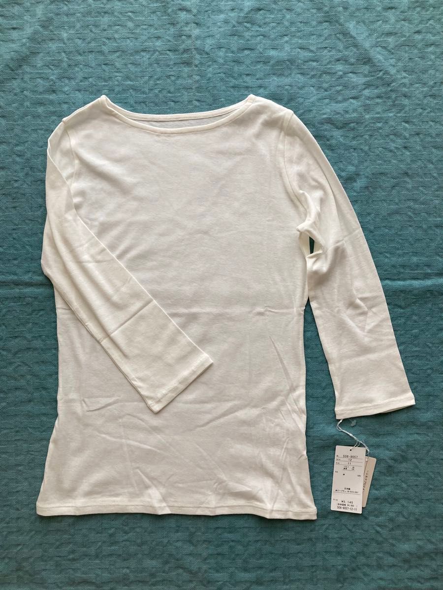 レディース 七分袖 Tシャツ 11号 M 白 綿100％ シルクプロテイン加工 ホワイト ボートネック 新品未使用 