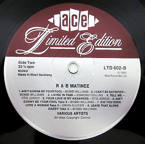 廃盤 LP ★ 限定盤 ★ Limited Edition ★ Ace Records 1990年 ★ R&B MATINEE ★ 50's Rock & Roll R&B ロックンロール ロカビリー_画像5