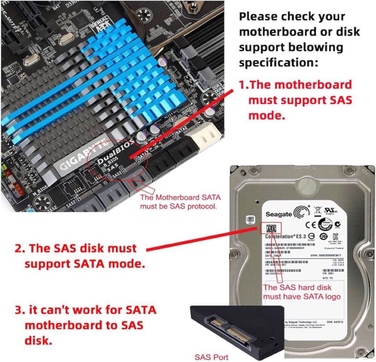 SATA変換アダプター　SFF-8482 SAS 22ピンから7ピン+15ピンSATA