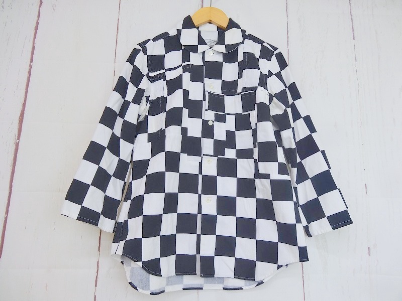 robe de chambre COMME des GARCONS ローブドシャンブル コムデギャルソン 丸襟チェックシャツ M RG-B032 AD2002ホワイト、ブラック 綿100%の画像1