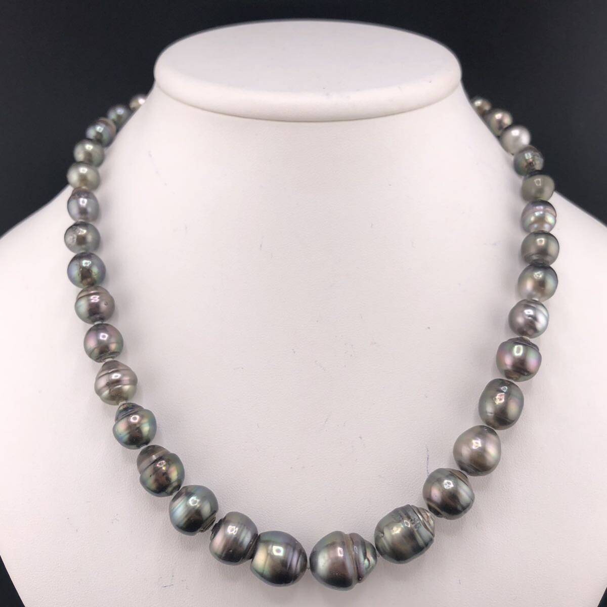 E05-1050 黒蝶パールネックレス 8.0mm~14.0mm 47cm 69.3g ( 黒蝶真珠 Pearl necklace SILVER )の画像1
