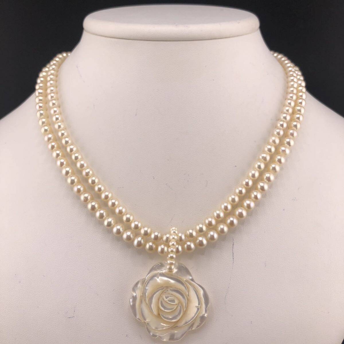 P05-0036 2連☆パールネックレス 5.0mm~5.5mm 42cm 41.1g ( Pearl デザイン necklace SILVER accessory )_画像1