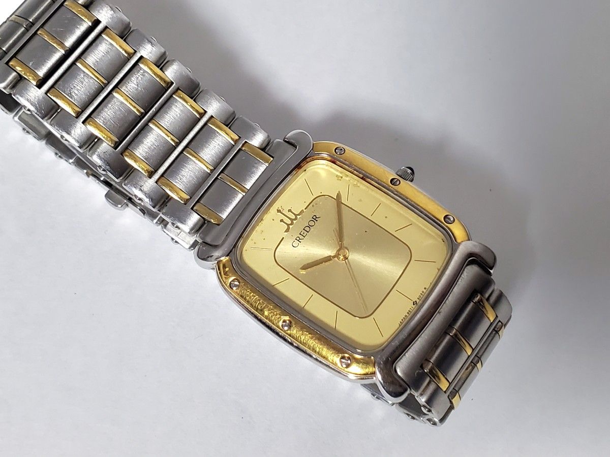 クレドール 18Kベゼル メンズ腕時計  QZ SEIKO セイコー クォーツ SS ゴールド文字盤 稼動中
