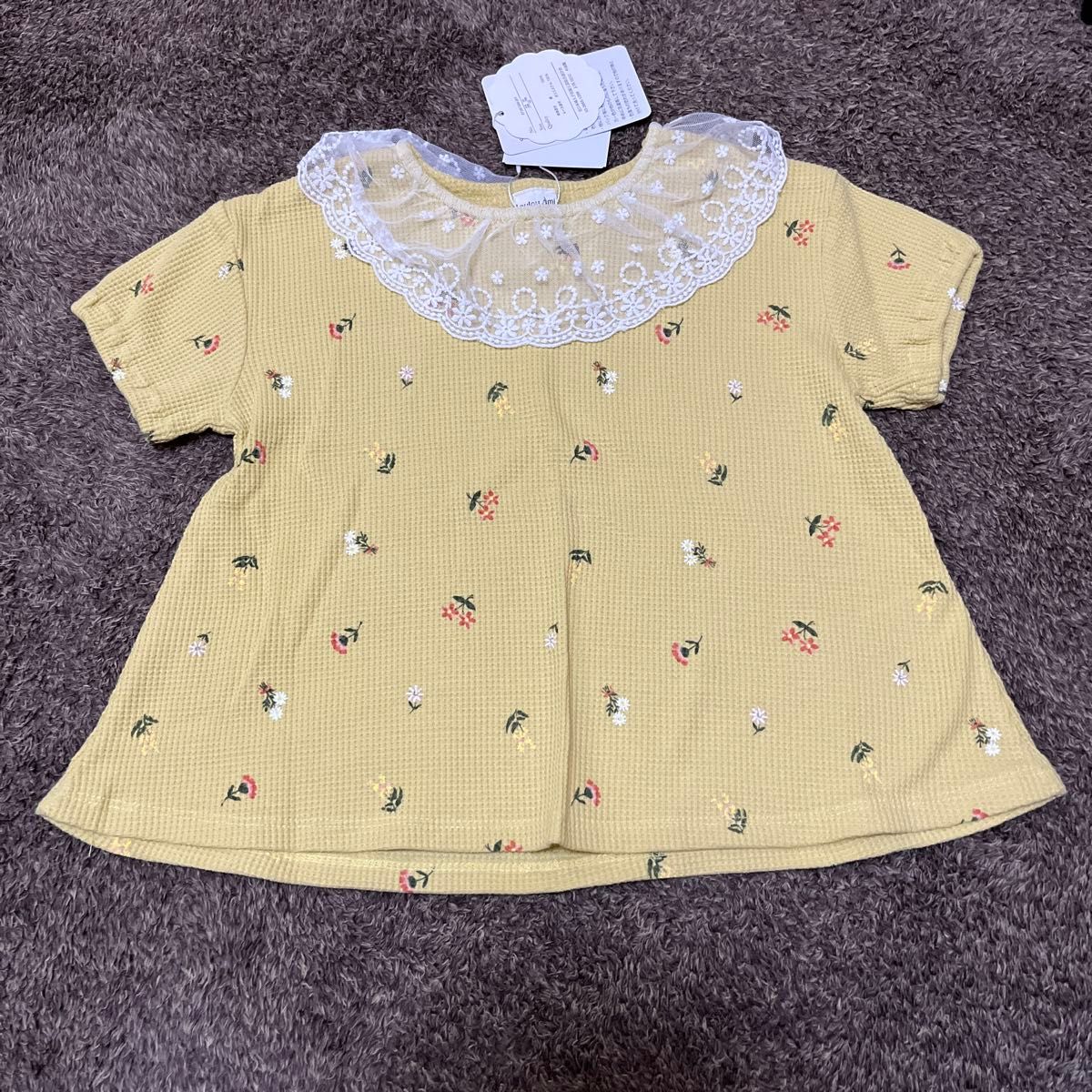 新品　Loulou Ami 100サイズ  襟レース付き花総柄Tシャツ　チュニック　トップス　キッズ　女の子　夏服　イエロー