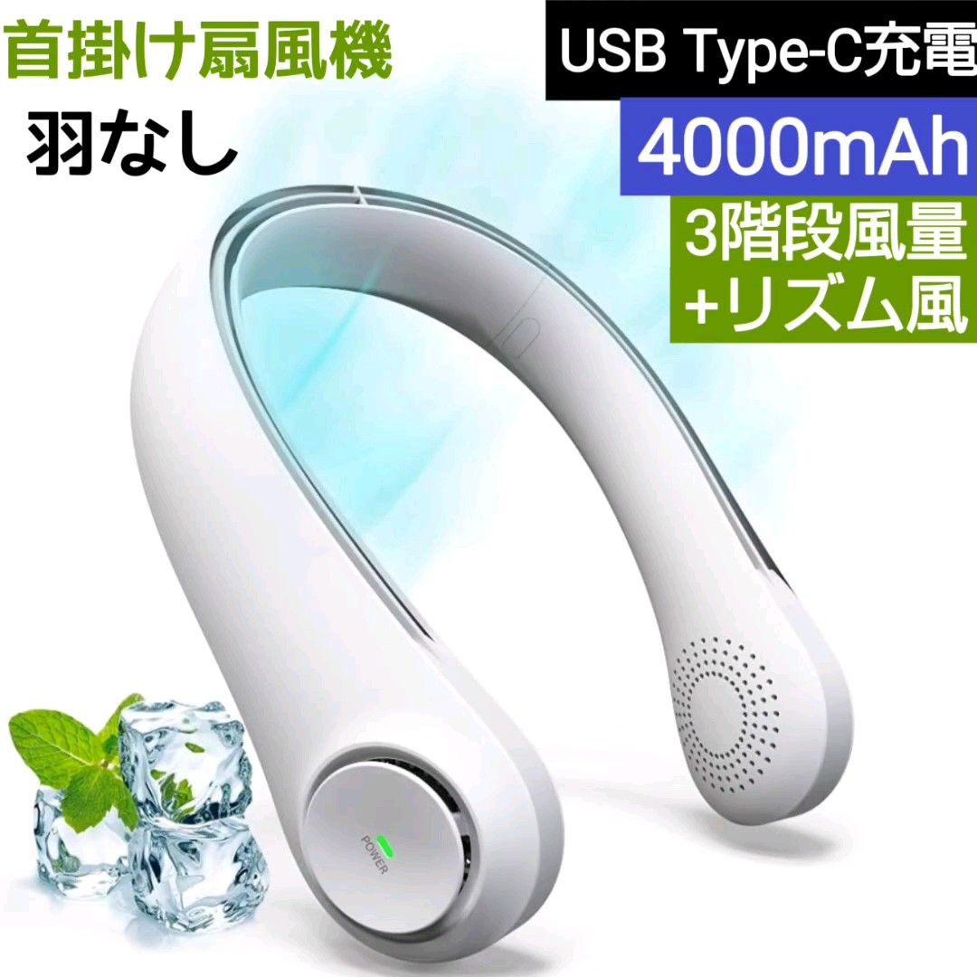 新品 首掛け扇風機 羽根なし 4000mAh 大容量 ネッククーラー 扇風機 4段階 リズム風対応 静音 軽量 Type-C充電式