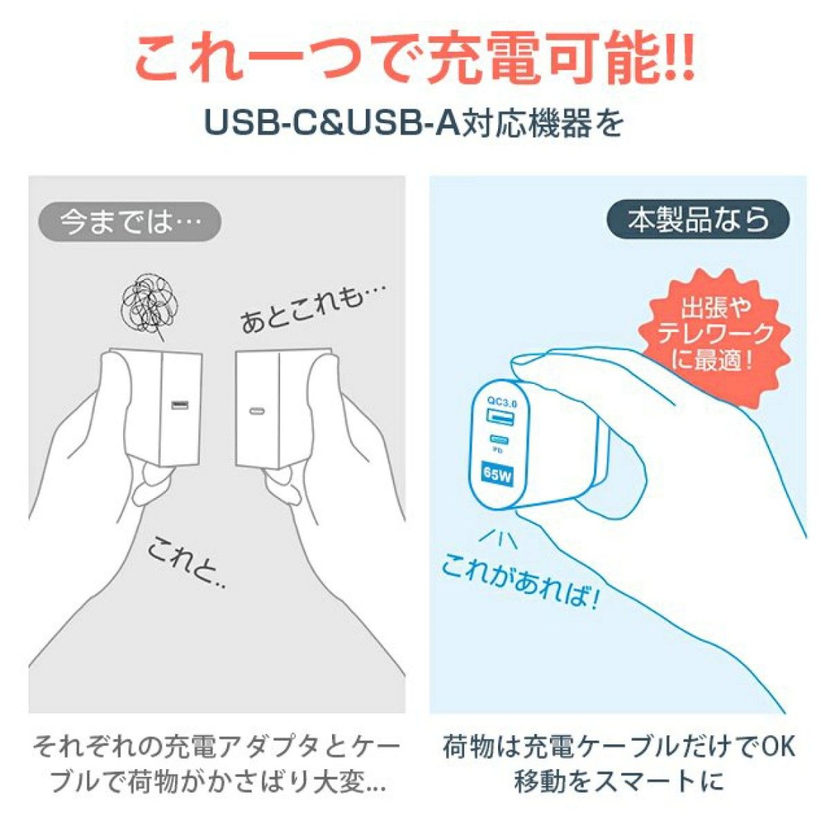 ACアダプター USB 急速 充電器 65W type-C タイプC  コンセント 2ポート 同時充電 