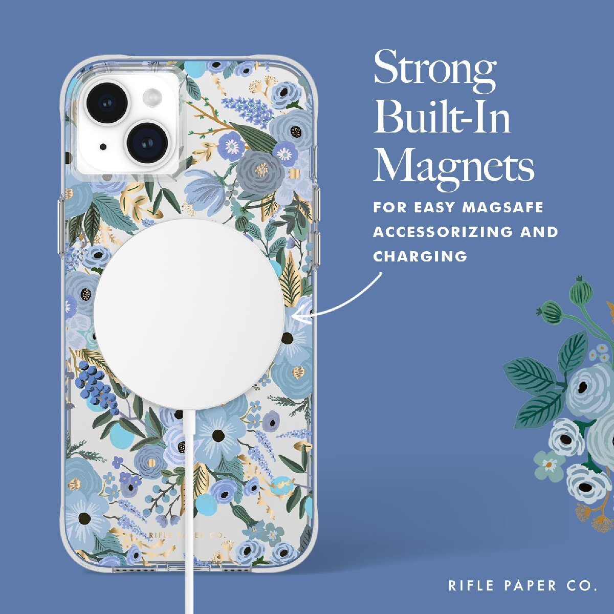 送料無料★iPhone15Plus ケース 抗菌 耐衝撃 ブルー 青 花 マグセーフ対応 Garden Party Blue_画像5