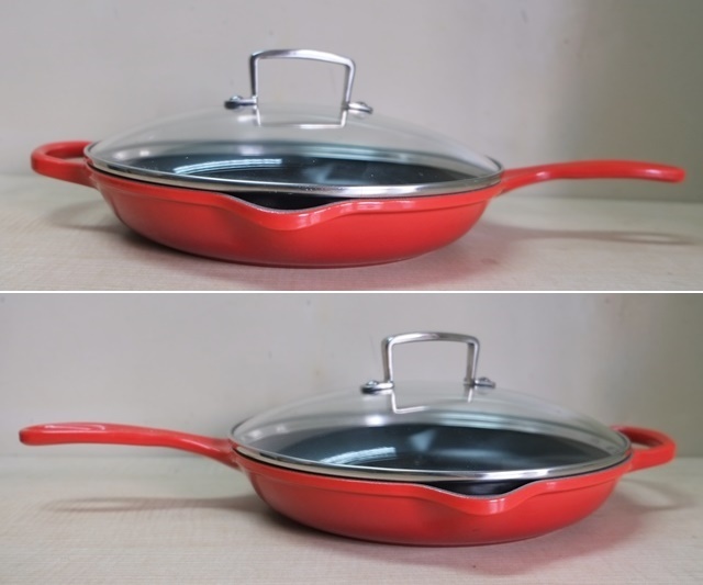 美品 Le Creuset ル・クルーゼ 26cm フライパン ガラス蓋セット / レッド グリルスキレット 鋳物 ホーロー_画像3