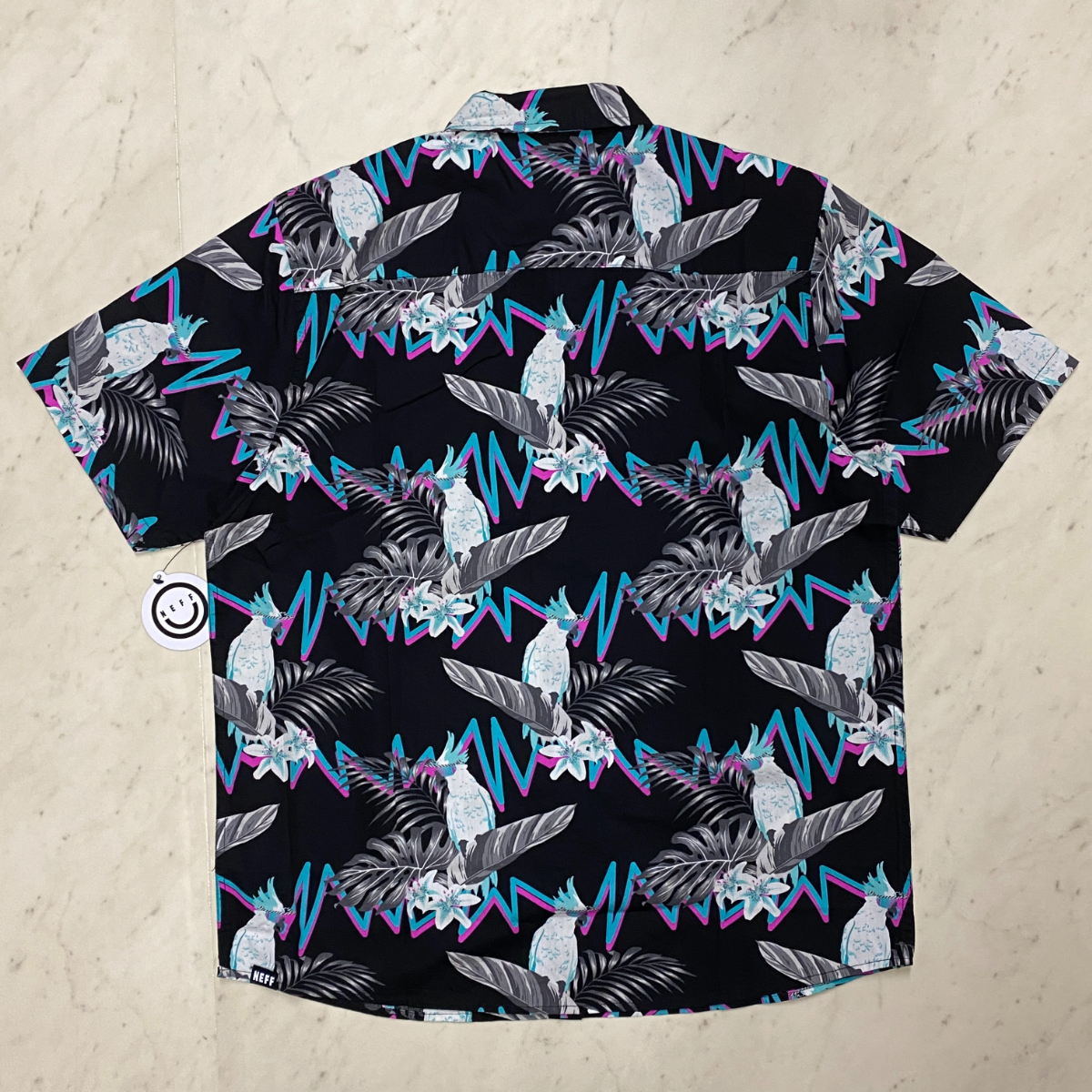 USA正規品 【L】 NEFF ネフ 限定 Tropical Bird 半袖 ボタンシャツ ALOHA トロピカルバード アロハシャツ 90s ネオンカラー 黒 オウム