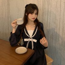 LHW489★春新品　 M~4XL おりぼんワンピース*濃紺_画像2