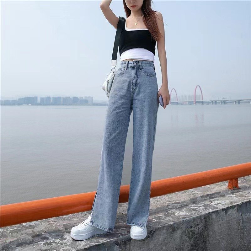 LRM999★高い腰のゆとりの広い脚のジーンズの女性の秋の2021の新型の韓版の大きいサイズは見えてやせて垂れ下がって感があります_画像2
