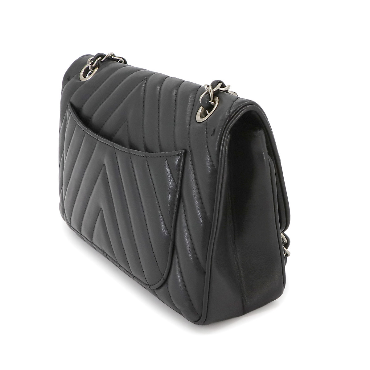 シャネル CHANEL Vステッチ ライオン チェーン ショルダー バッグ レザー ブラック シルバー 金具 Chevron Bag 90232332_画像3