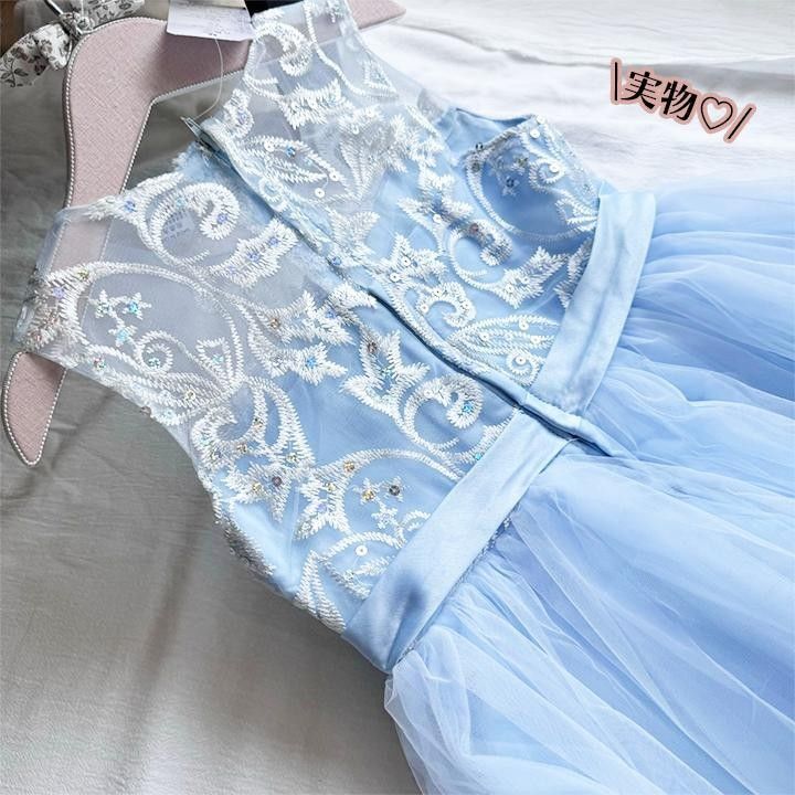 キッズドレス 120 キラキラ ブルー 豪華 刺繍 子供ドレス  結婚式 発表会 リボン パステル フォーマル