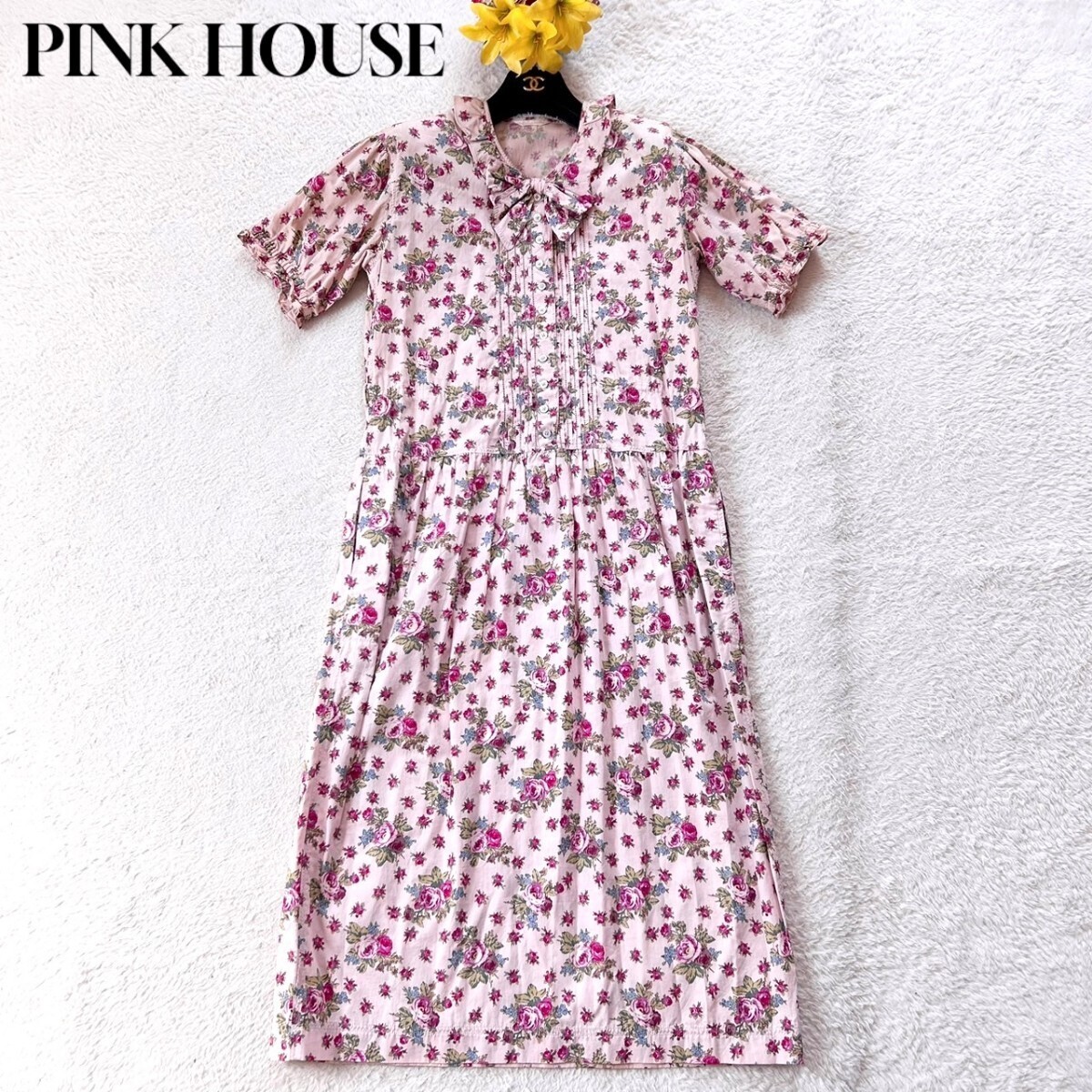 1円～ 美品 PINK HOUSE ピンクハウス ワンピース ロング 半袖 花柄 フリル リボン ピンク の画像1