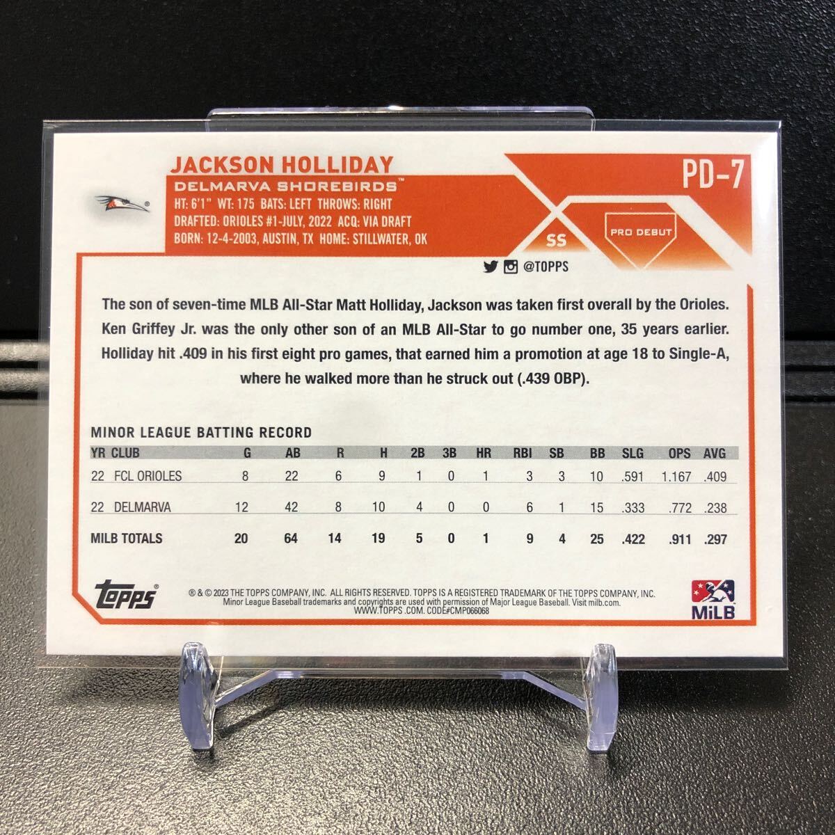 Jackson Holliday 2023 Topps Pro Debut #PD-7 Delmarva Shorebirds_画像2