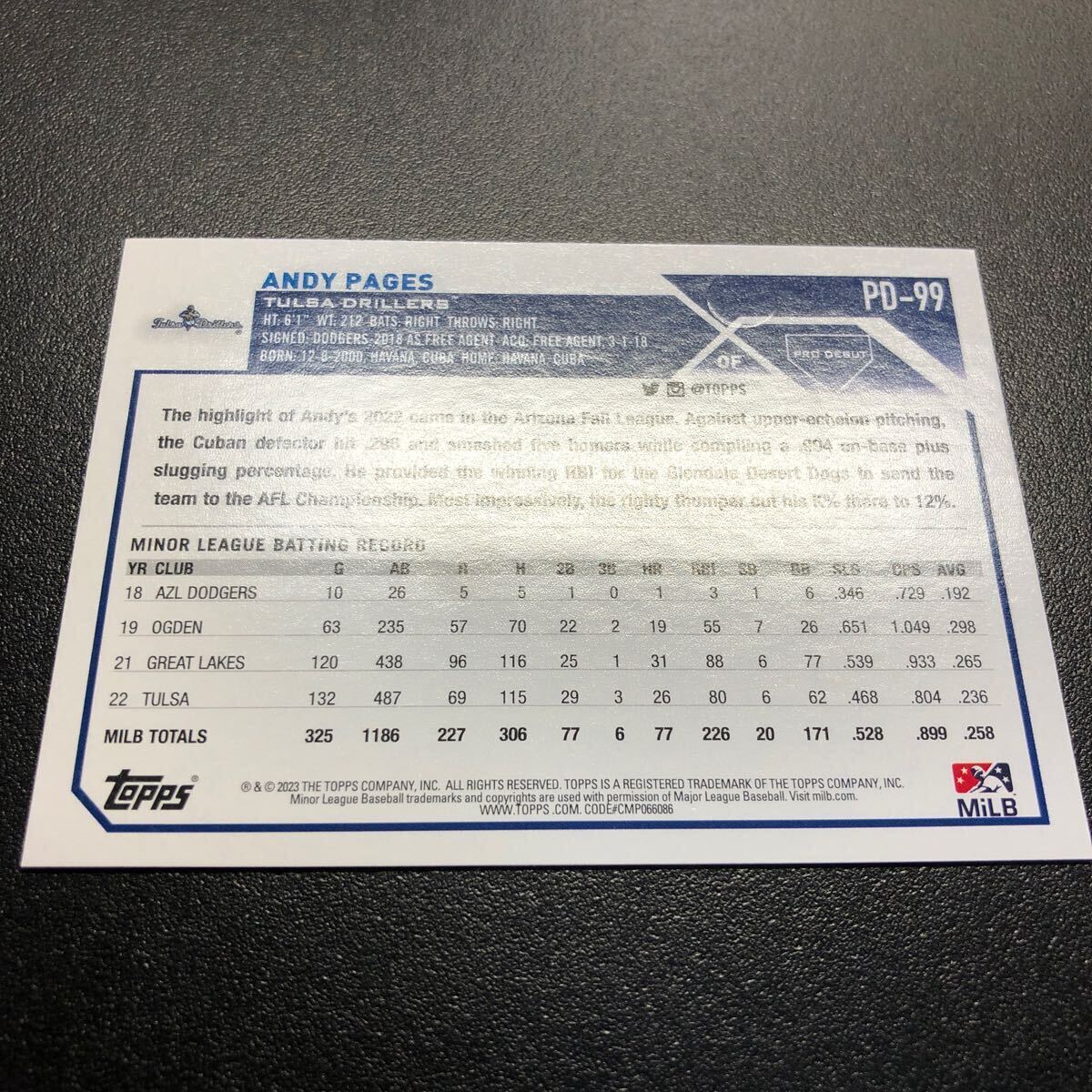 Andy Pages 2023 Topps Pro Debut #PD-99 Tulsa Drillers Dodgers_画像10