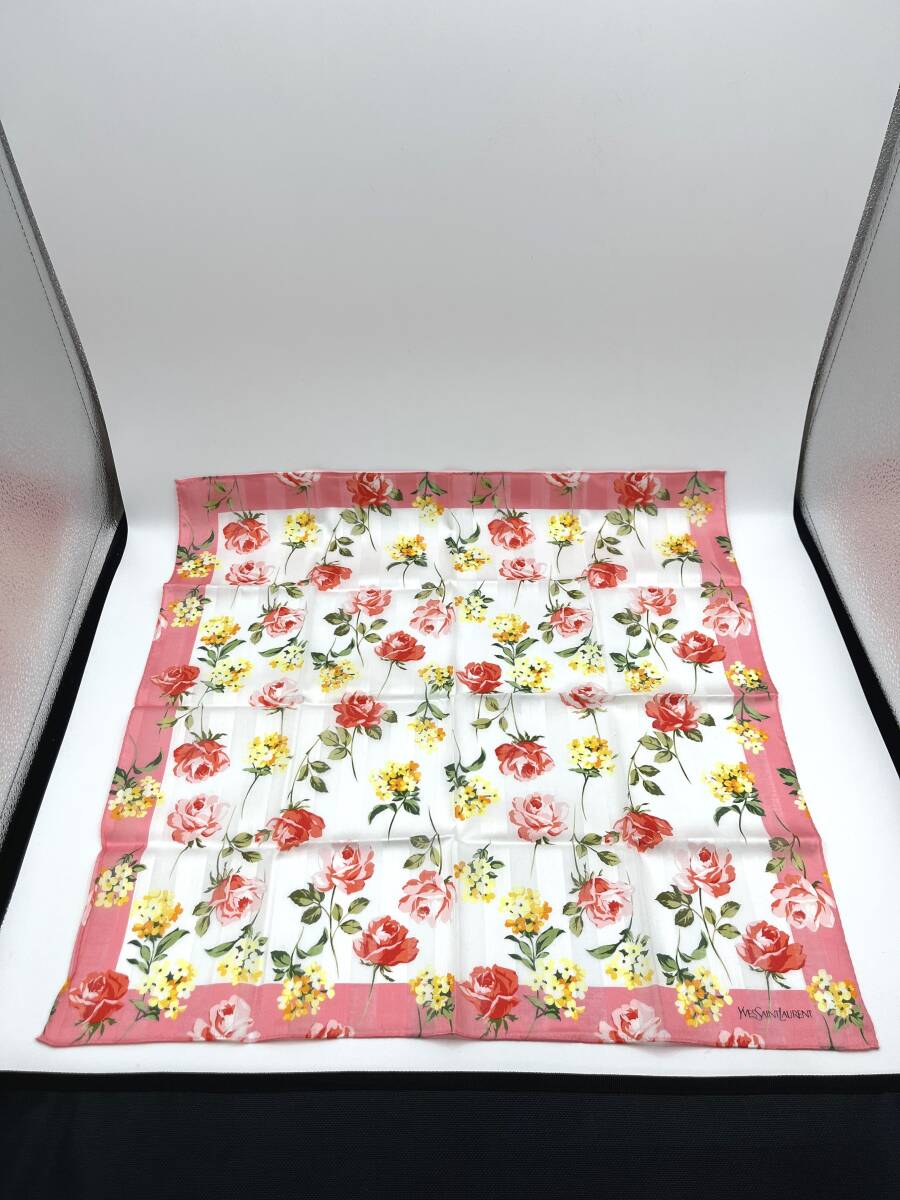 yves saint laurent イヴサンローラン ハンカチ バンダナ ピンク系 花柄 フラワー レディース W50 H50_画像1
