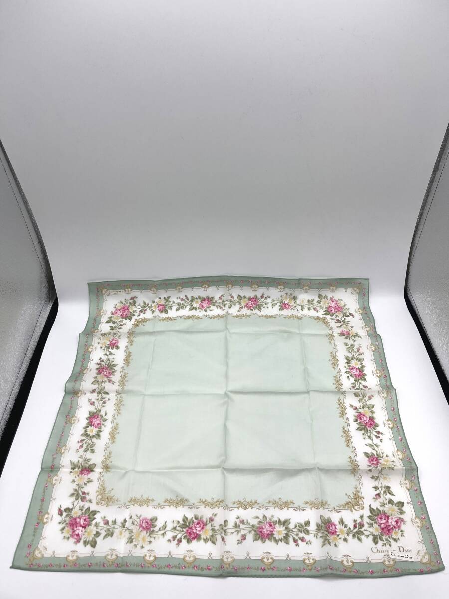 Christian Dior クリスチャンディオール ハンカチ バンダナ グリーン系 花柄 フラワー レディース W50 H47