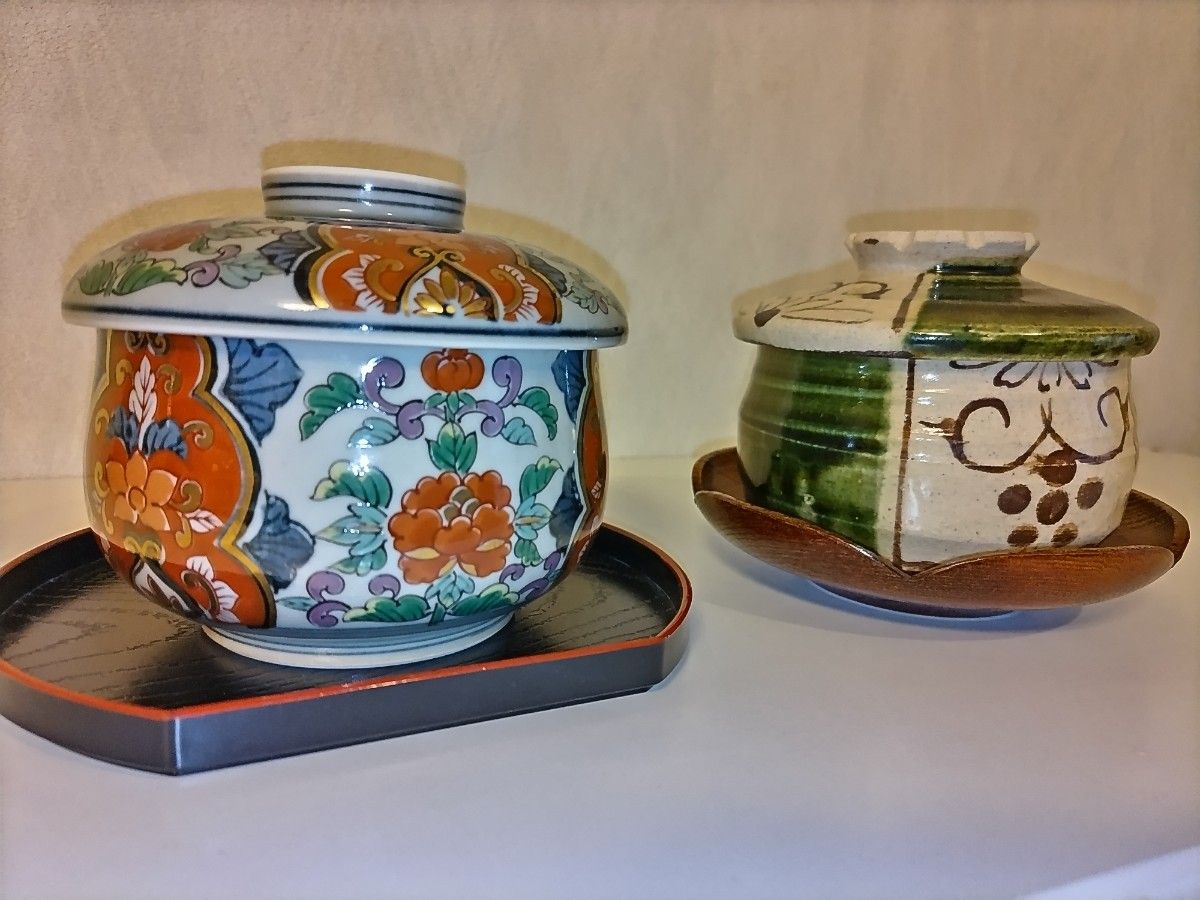 有田焼 祥楽 金彩  色絵 ／美濃織部焼  茶碗蒸し器 蓋付き器 2個セット