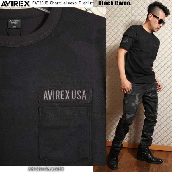 AVIREX アビレックス ファティーグ 半袖 Tシャツ ブラックカモ【XLサイズ 】6113328 クルーネック ポケット ミリタリー_画像3