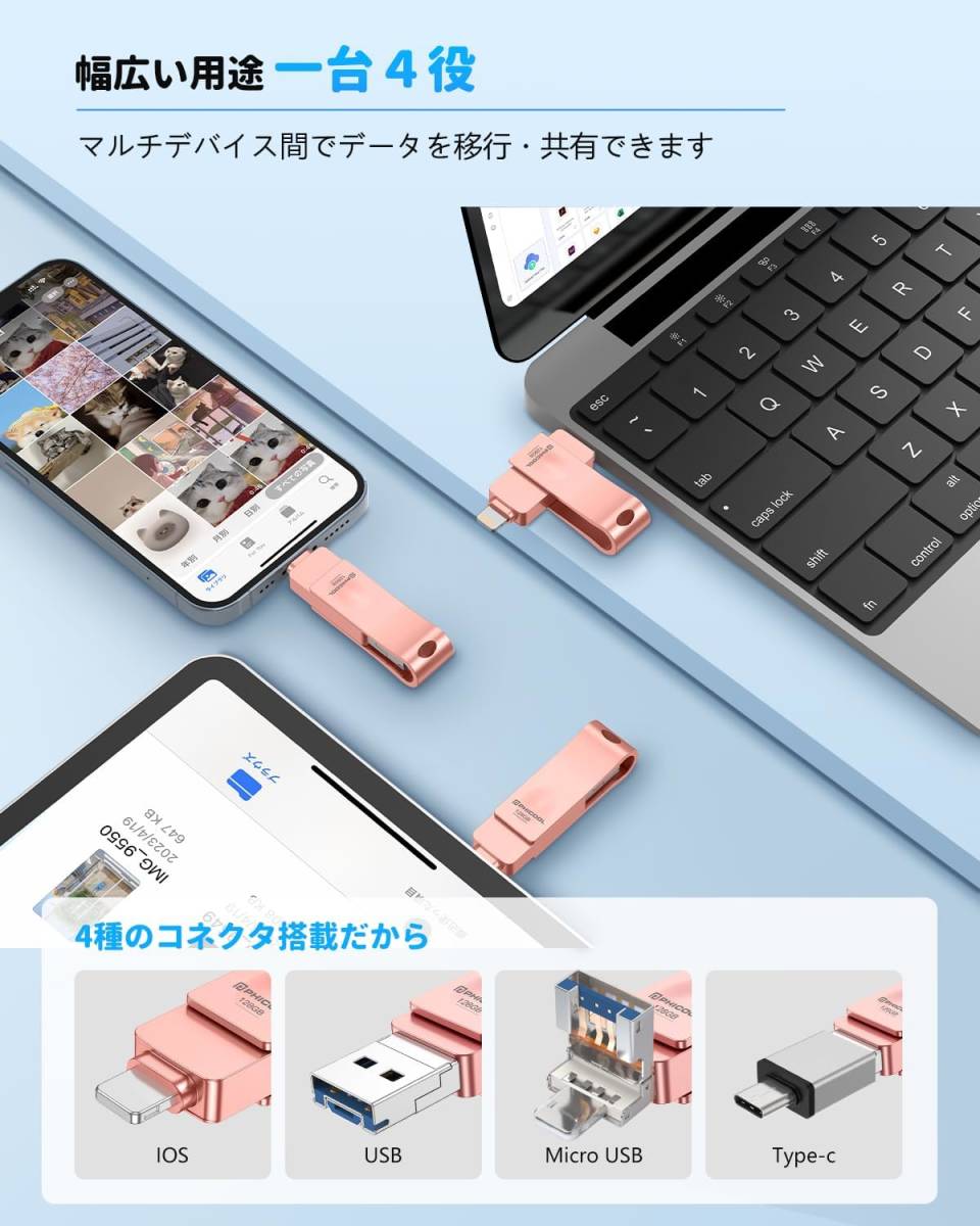 IPHONE PHICOOL USBメモリー 256GB大容量 高速 専用アプリ不要 各種対応