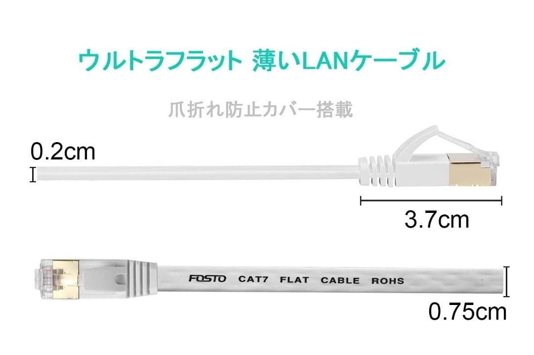 LANケーブル　CAT6A  2m フラットケーブル　RoHS ホワイト　2個