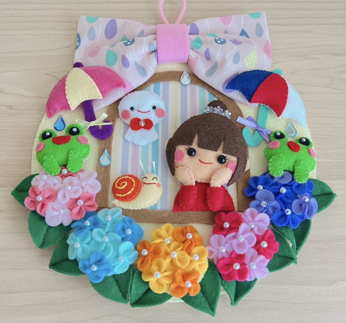 ★ハンドメイド★雨の日リース★紫陽花★カタツムリ★傘☆カエルくん☆てるてる坊主☆窓から眺める女の子☆梅雨☆お部屋の飾りに_画像2