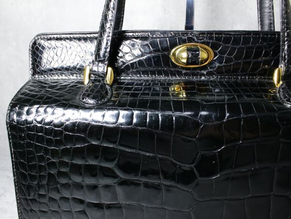 *1 иен * L0193 vintage автомобиль i колено крокодил wani кожа экзотический кожа ручная сумочка большая сумка портфель вращение металлические принадлежности черный 
