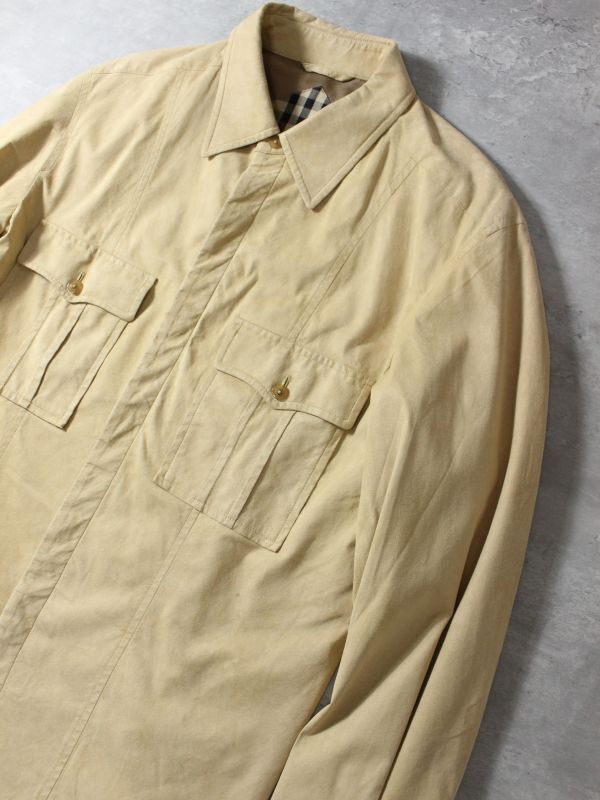 ●1円● L0150 BURBERRY LONDON バーバリー ロンドン メンズ スエード フェイクレザー 長袖 シャツ ノバチェック トップス ベージュ M_画像2