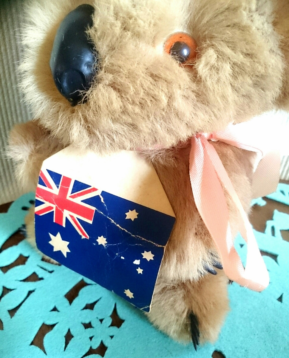 【レア！80年代当時物】ふわふわ手触り♪　オーストラリア　シドニー HARISS コアラ ゼンマイ式オルゴール付き人形 ※一部ジャンクあり_紙タグに折れ、色褪せ、黄ばみがあります。