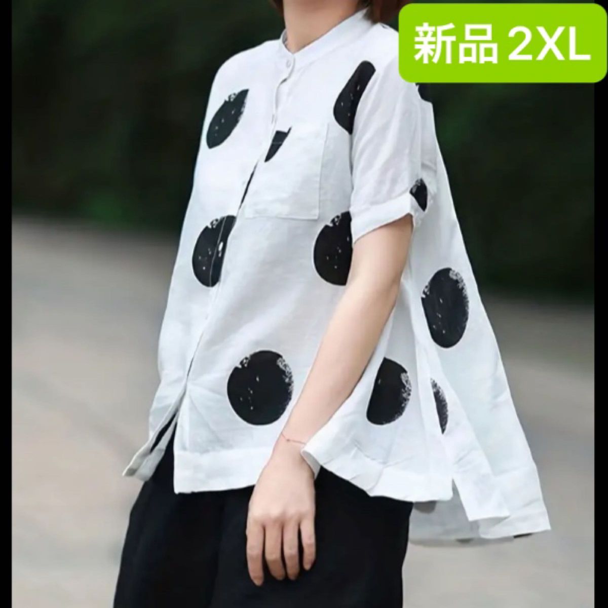 新品　レディース　半袖シャツ　ブラック×ホワイト　2XL 韓国風　3L 2XL 大きいサイズ　ゆったり　ドット柄　水玉